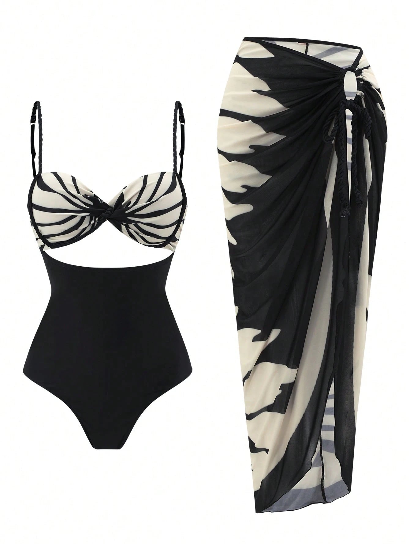 Swim SXY Summer New Women's 2 Pieces Beach Set, One-Piece Top With Gradient Braided Rope Spaghetti Strap And Side Tie Beach Skirt, 3-Piece Bikini Set