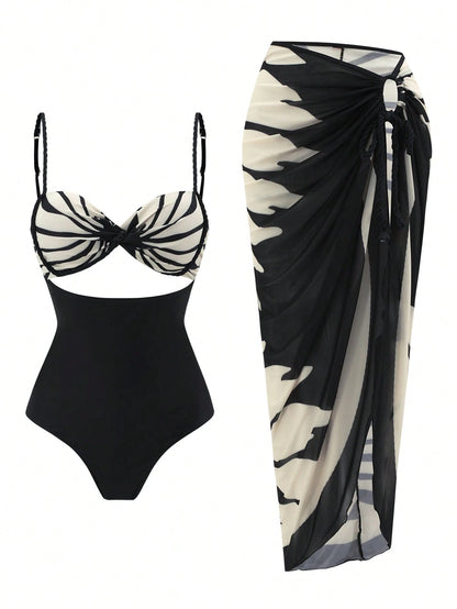 Swim SXY Summer New Women's 2 Pieces Beach Set, One-Piece Top With Gradient Braided Rope Spaghetti Strap And Side Tie Beach Skirt, 3-Piece Bikini Set