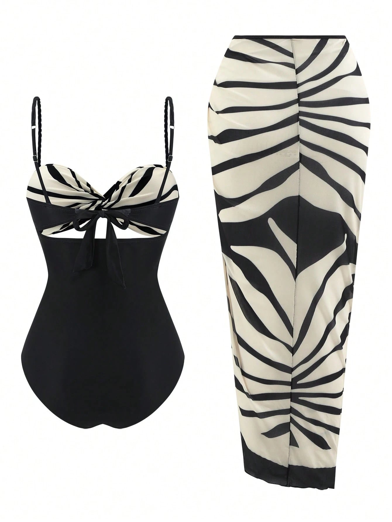 Swim SXY Summer New Women's 2 Pieces Beach Set, One-Piece Top With Gradient Braided Rope Spaghetti Strap And Side Tie Beach Skirt, 3-Piece Bikini Set