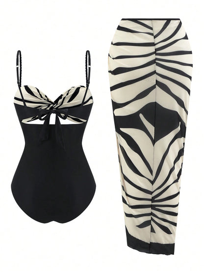 Swim SXY Summer New Women's 2 Pieces Beach Set, One-Piece Top With Gradient Braided Rope Spaghetti Strap And Side Tie Beach Skirt, 3-Piece Bikini Set