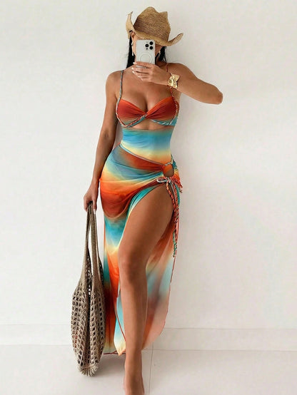 Swim SXY Summer New Women's 2 Pieces Beach Set, One-Piece Top With Gradient Braided Rope Spaghetti Strap And Side Tie Beach Skirt, 3-Piece Bikini Set
