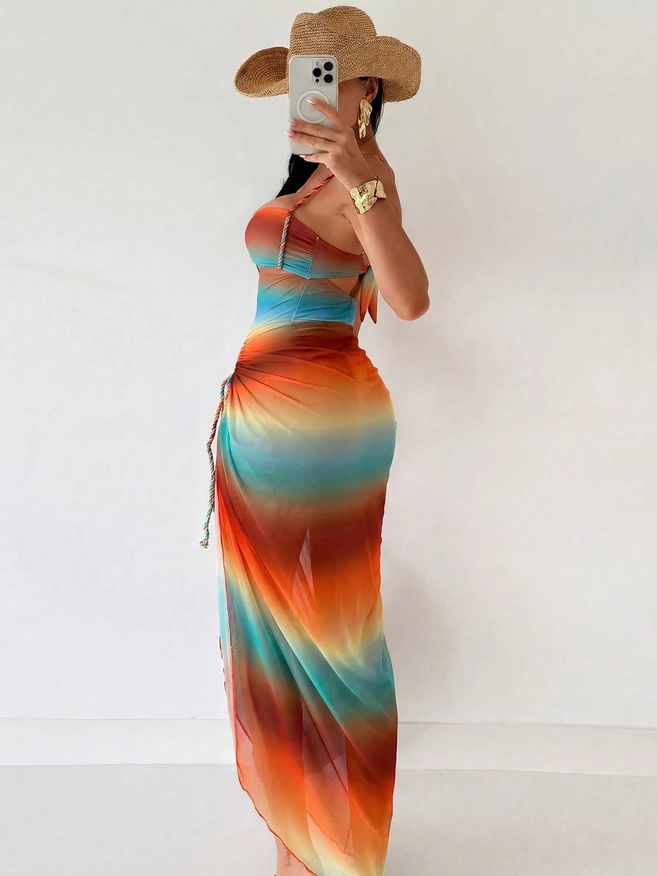 Swim SXY Summer New Women's 2 Pieces Beach Set, One-Piece Top With Gradient Braided Rope Spaghetti Strap And Side Tie Beach Skirt, 3-Piece Bikini Set