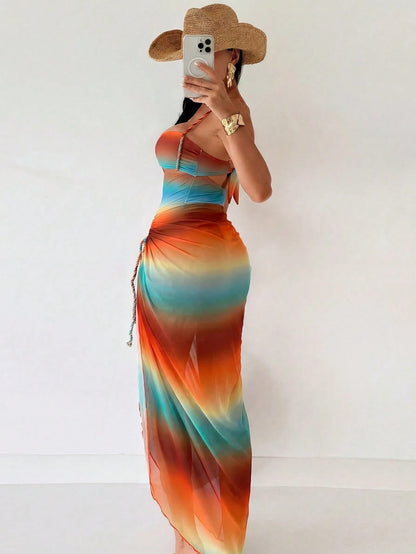 Swim SXY Summer New Women's 2 Pieces Beach Set, One-Piece Top With Gradient Braided Rope Spaghetti Strap And Side Tie Beach Skirt, 3-Piece Bikini Set