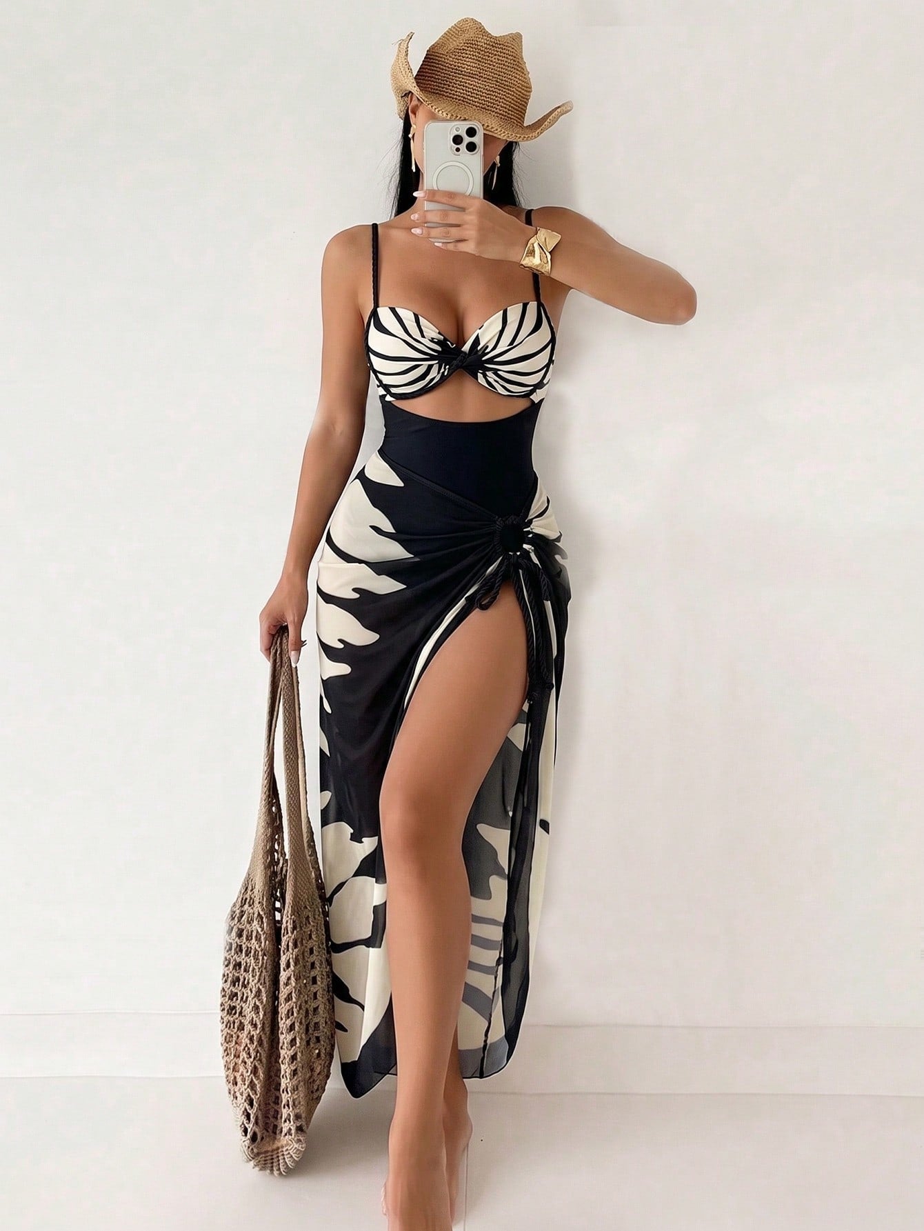 Swim SXY Summer New Women's 2 Pieces Beach Set, One-Piece Top With Gradient Braided Rope Spaghetti Strap And Side Tie Beach Skirt, 3-Piece Bikini Set