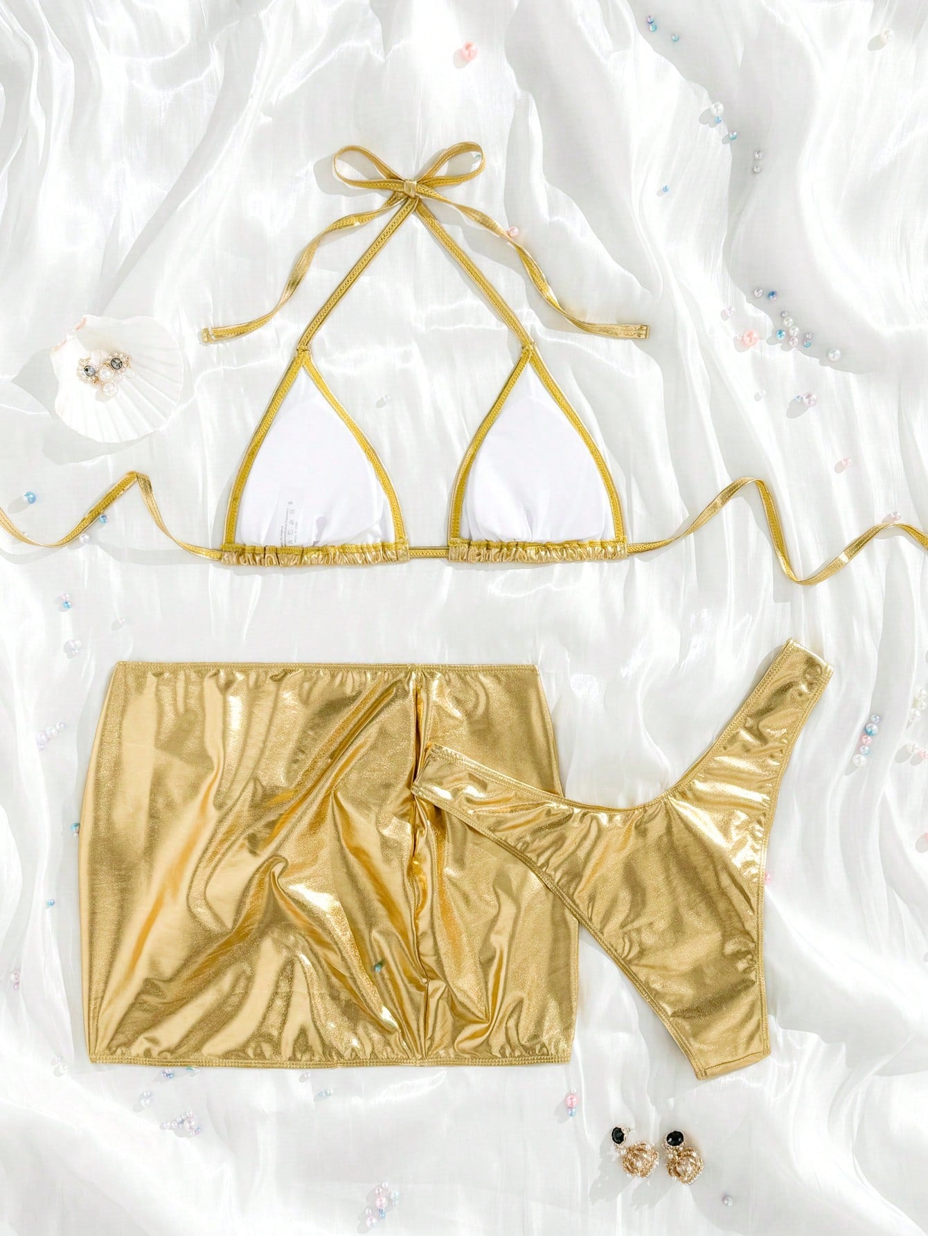 Swim SXY Summer Sexy Tight Skirt Decorated With Gold Metal, Triangle Cup Swimwear Three-Piece Set