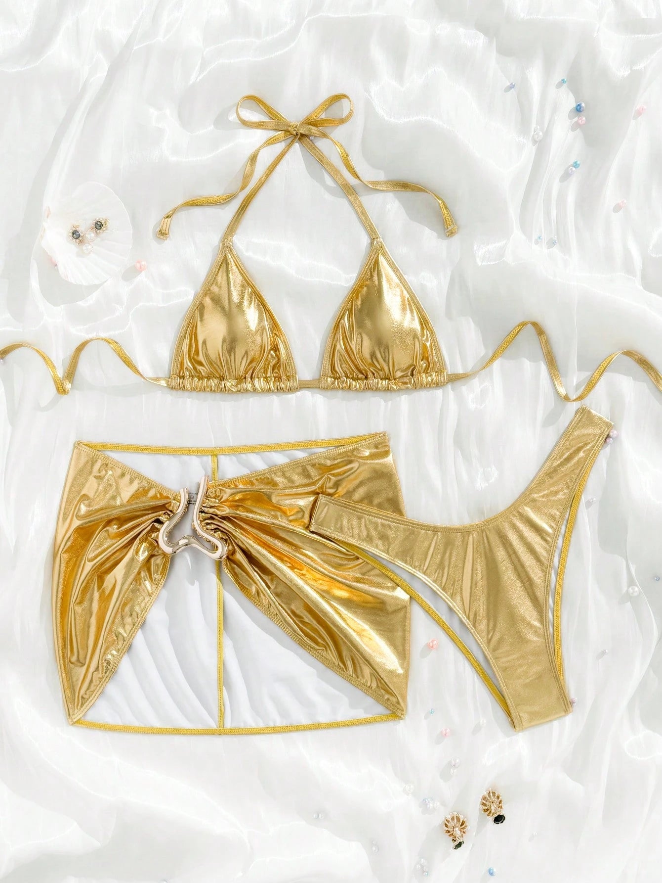 Swim SXY Summer Sexy Tight Skirt Decorated With Gold Metal, Triangle Cup Swimwear Three-Piece Set