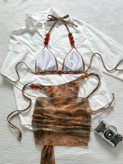 Swim SXY Summer Women 3-Piece Set:Tie-Dye Print Triangle Bikini Top,Bottoms,And Mesh Mini Skirt, Brown Boho Beach Holiday Holiday Vacation Outfit Sets