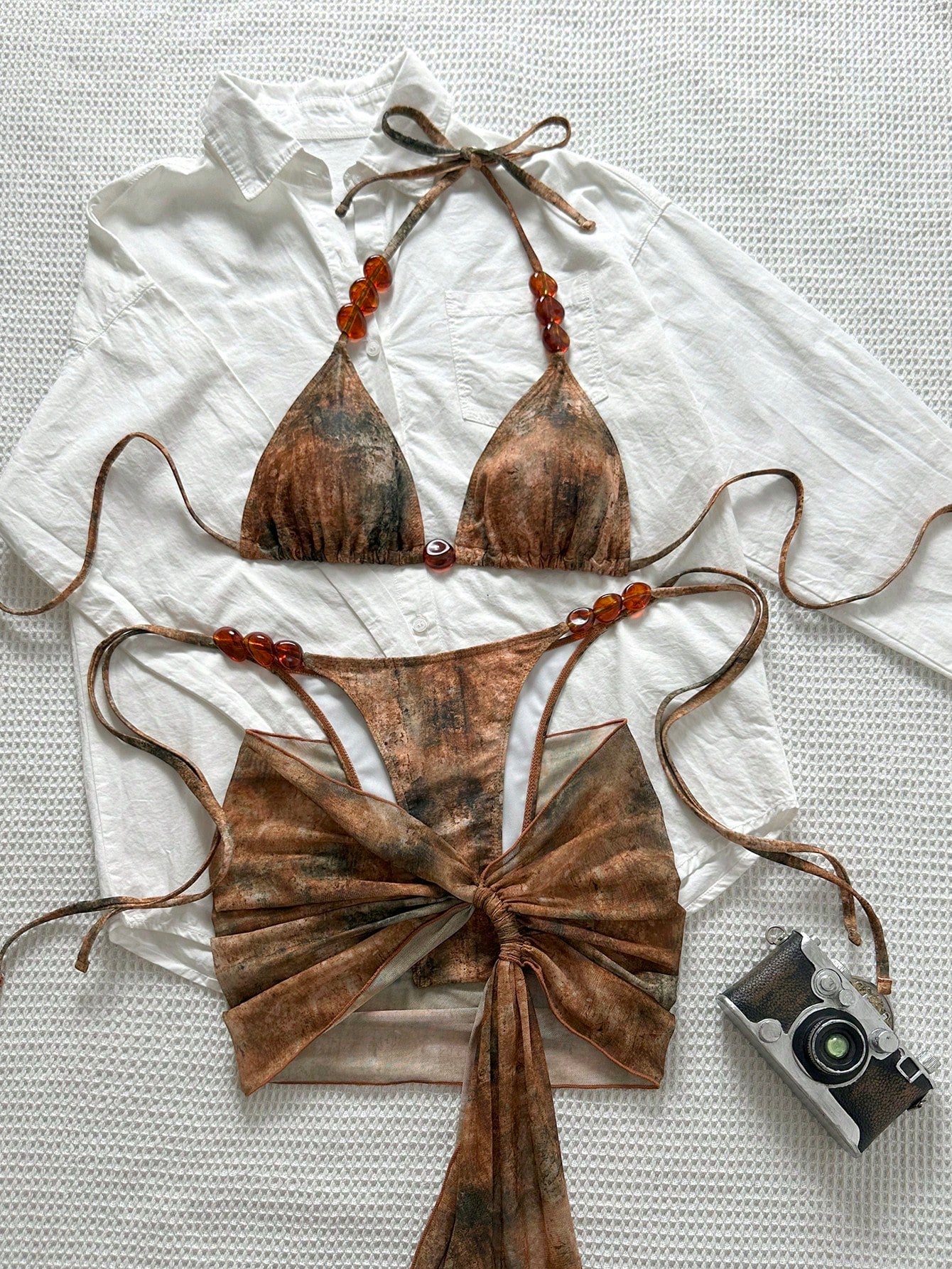 Swim SXY Summer Women 3-Piece Set:Tie-Dye Print Triangle Bikini Top,Bottoms,And Mesh Mini Skirt, Brown Boho Beach Holiday Holiday Vacation Outfit Sets