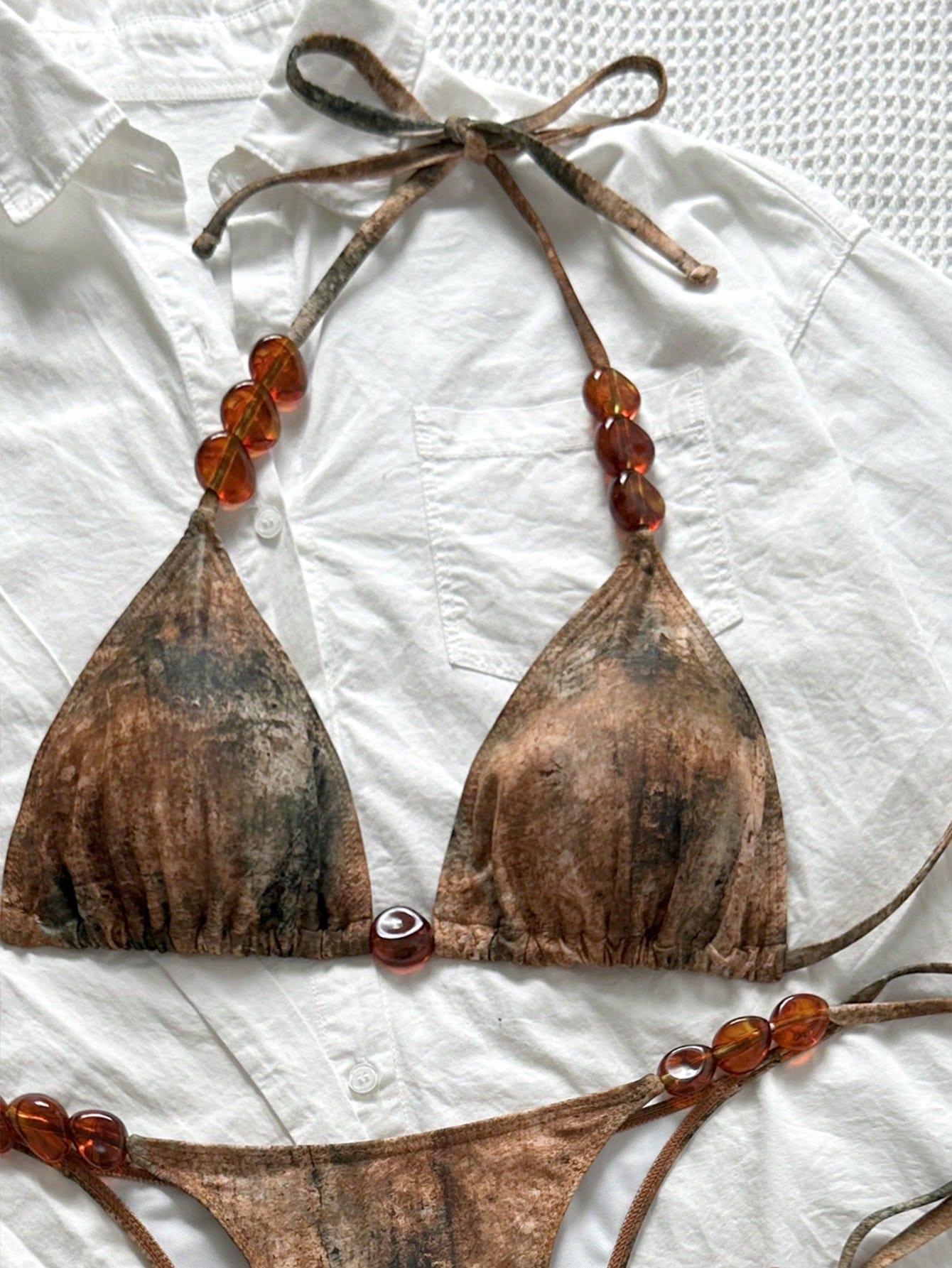 Swim SXY Summer Women 3-Piece Set:Tie-Dye Print Triangle Bikini Top,Bottoms,And Mesh Mini Skirt, Brown Boho Beach Holiday Holiday Vacation Outfit Sets