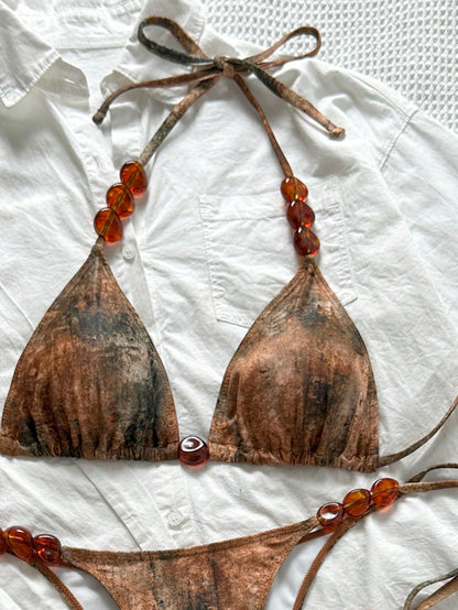Swim SXY Summer Women 3-Piece Set:Tie-Dye Print Triangle Bikini Top,Bottoms,And Mesh Mini Skirt, Brown Boho Beach Holiday Holiday Vacation Outfit Sets