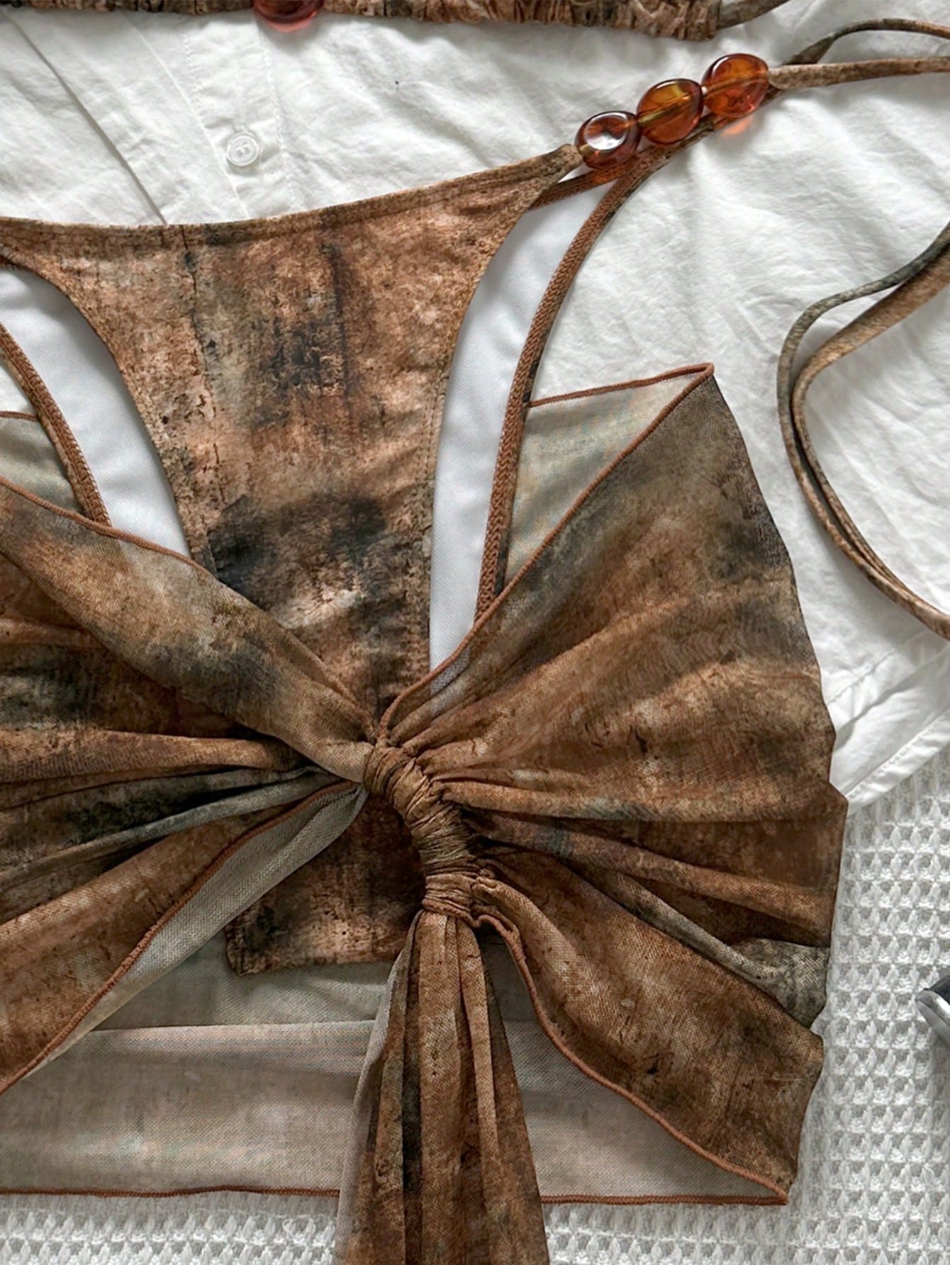 Swim SXY Summer Women 3-Piece Set:Tie-Dye Print Triangle Bikini Top,Bottoms,And Mesh Mini Skirt, Brown Boho Beach Holiday Holiday Vacation Outfit Sets