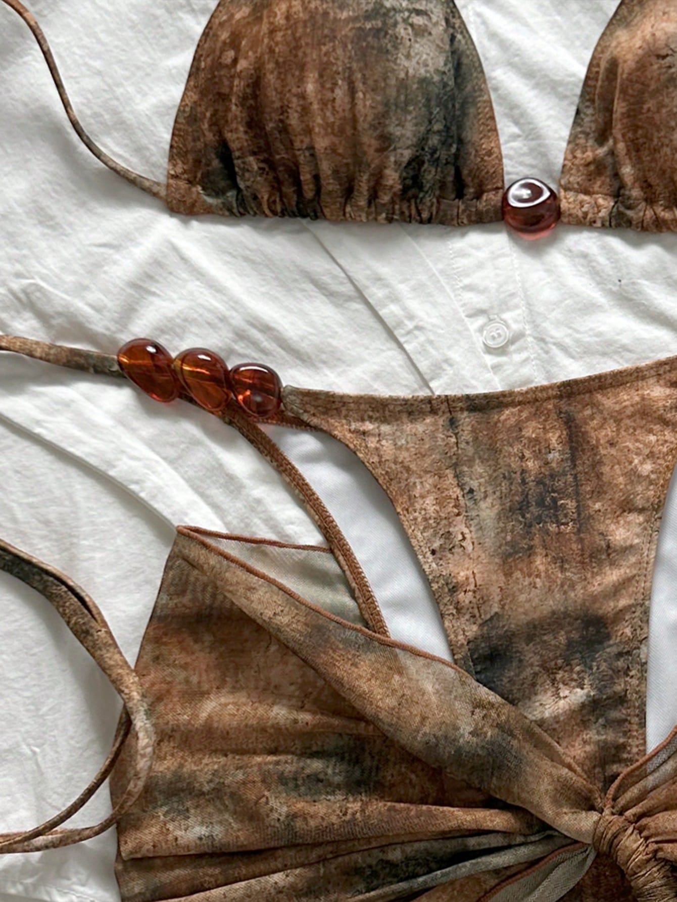 Swim SXY Summer Women 3-Piece Set:Tie-Dye Print Triangle Bikini Top,Bottoms,And Mesh Mini Skirt, Brown Boho Beach Holiday Holiday Vacation Outfit Sets