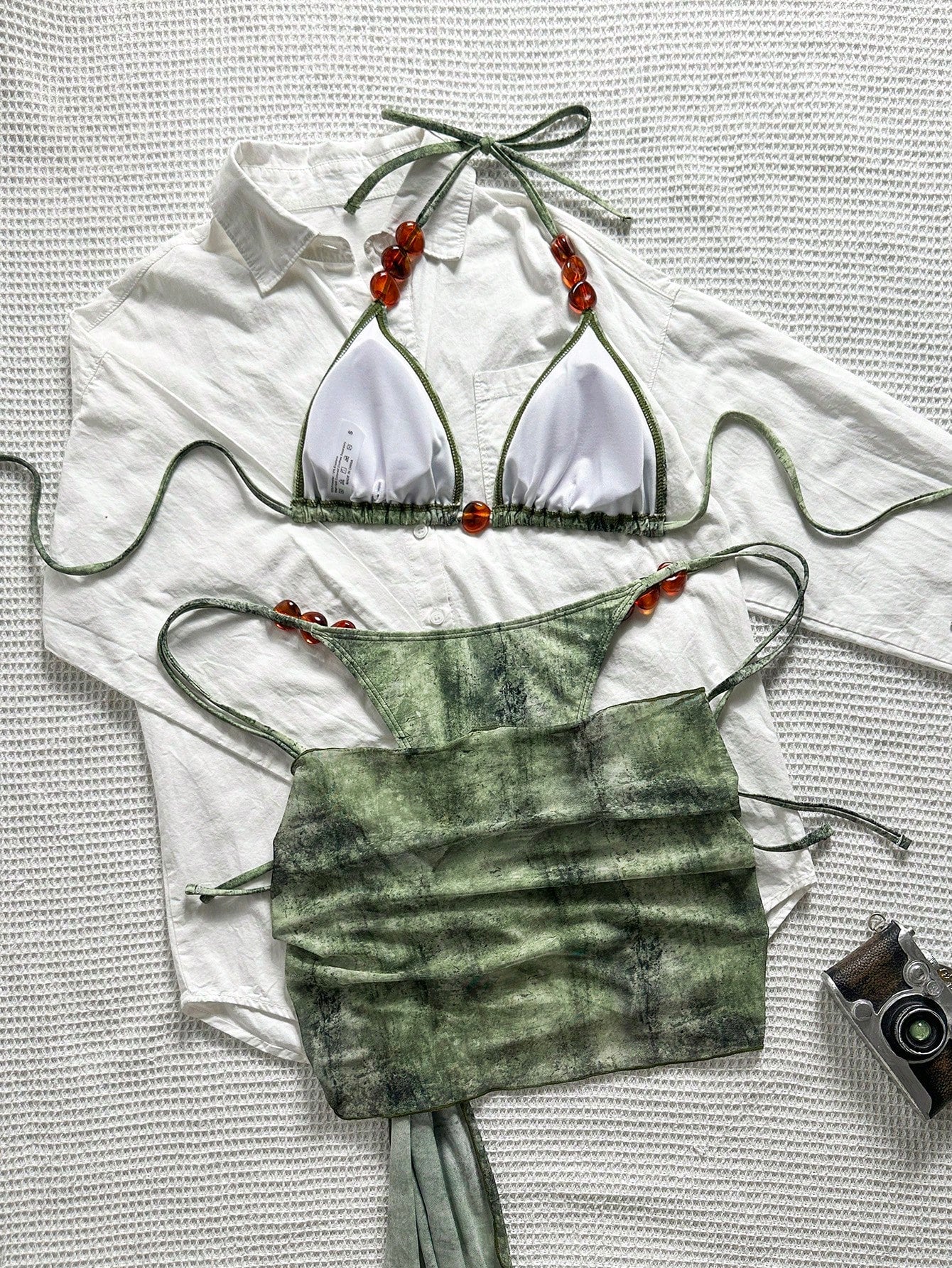 Swim SXY Summer Women 3-Piece Set:Tie-Dye Print Triangle Bikini Top,Bottoms,And Mesh Mini Skirt, Brown Boho Beach Holiday Holiday Vacation Outfit Sets