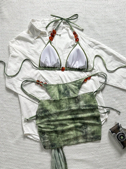 Swim SXY Summer Women 3-Piece Set:Tie-Dye Print Triangle Bikini Top,Bottoms,And Mesh Mini Skirt, Brown Boho Beach Holiday Holiday Vacation Outfit Sets