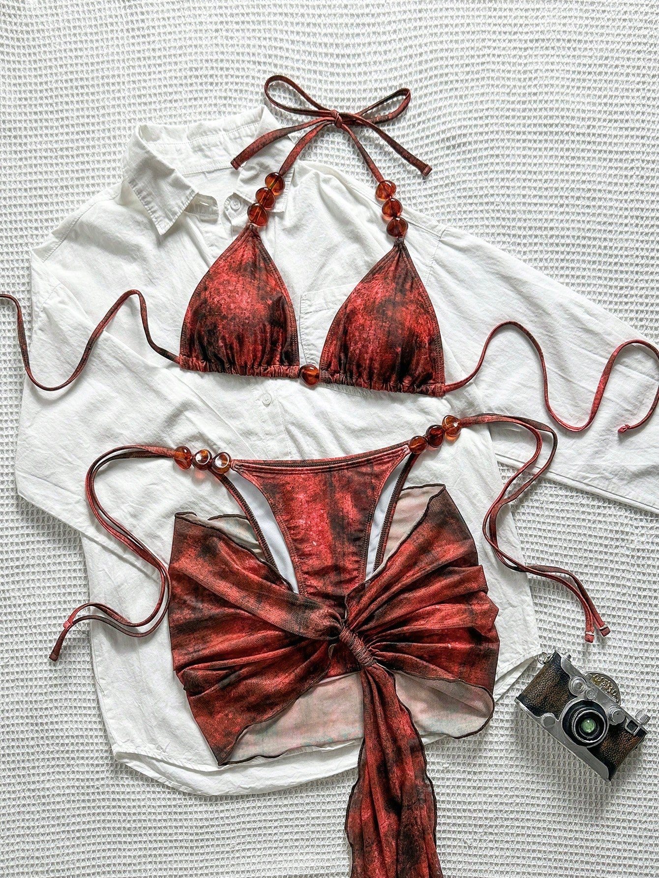 Swim SXY Summer Women's 3-Piece Set: Red Print Triangle Bikini Top, Bottoms, And Mesh Skirt, Sexy Tropical Beach Vacation Swimwear Outfit