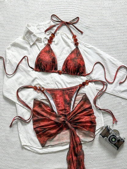 Swim SXY Summer Women's 3-Piece Set: Red Print Triangle Bikini Top, Bottoms, And Mesh Skirt, Sexy Tropical Beach Vacation Swimwear Outfit