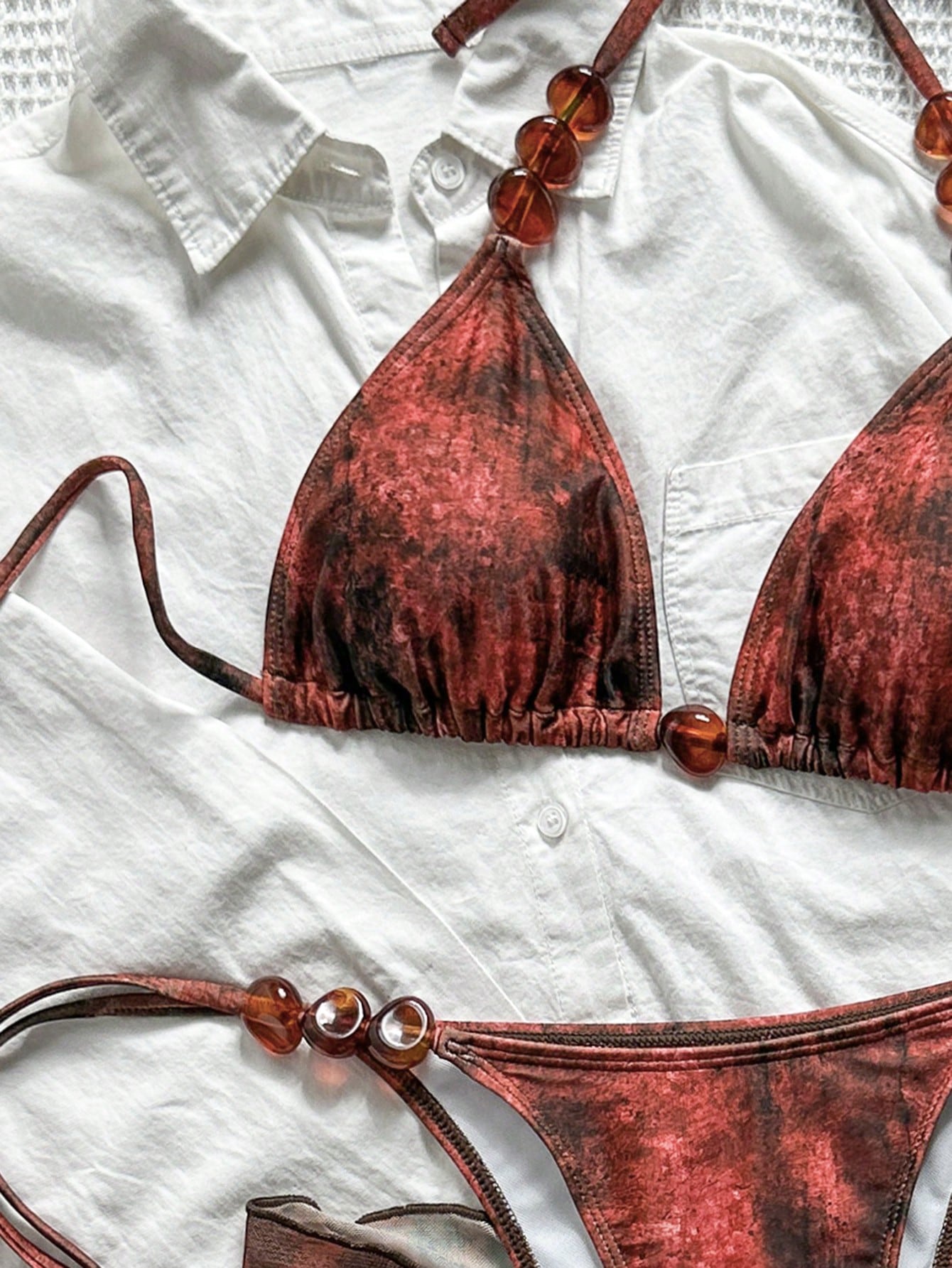 Swim SXY Summer Women's 3-Piece Set: Red Print Triangle Bikini Top, Bottoms, And Mesh Skirt, Sexy Tropical Beach Vacation Swimwear Outfit