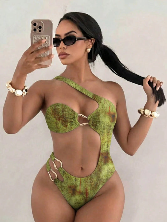 Swim SXY Summer Women's Standard Size Solid Color One-Shoulder Cutout Gold Decor Beach Vacation One-Piece Swimsuit