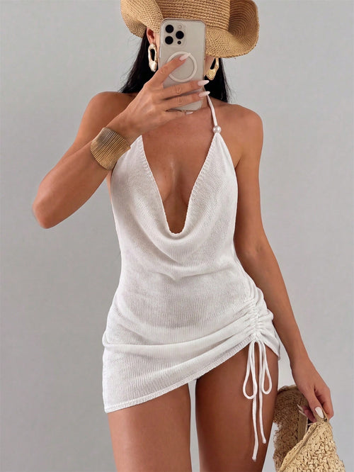 Swim SXY White Knitted Halter Neck Tie-Up Pearl Embellished Sexy Backless Waist Cut-Out Tie-Up Vacation Women's Cover-Up Dress
