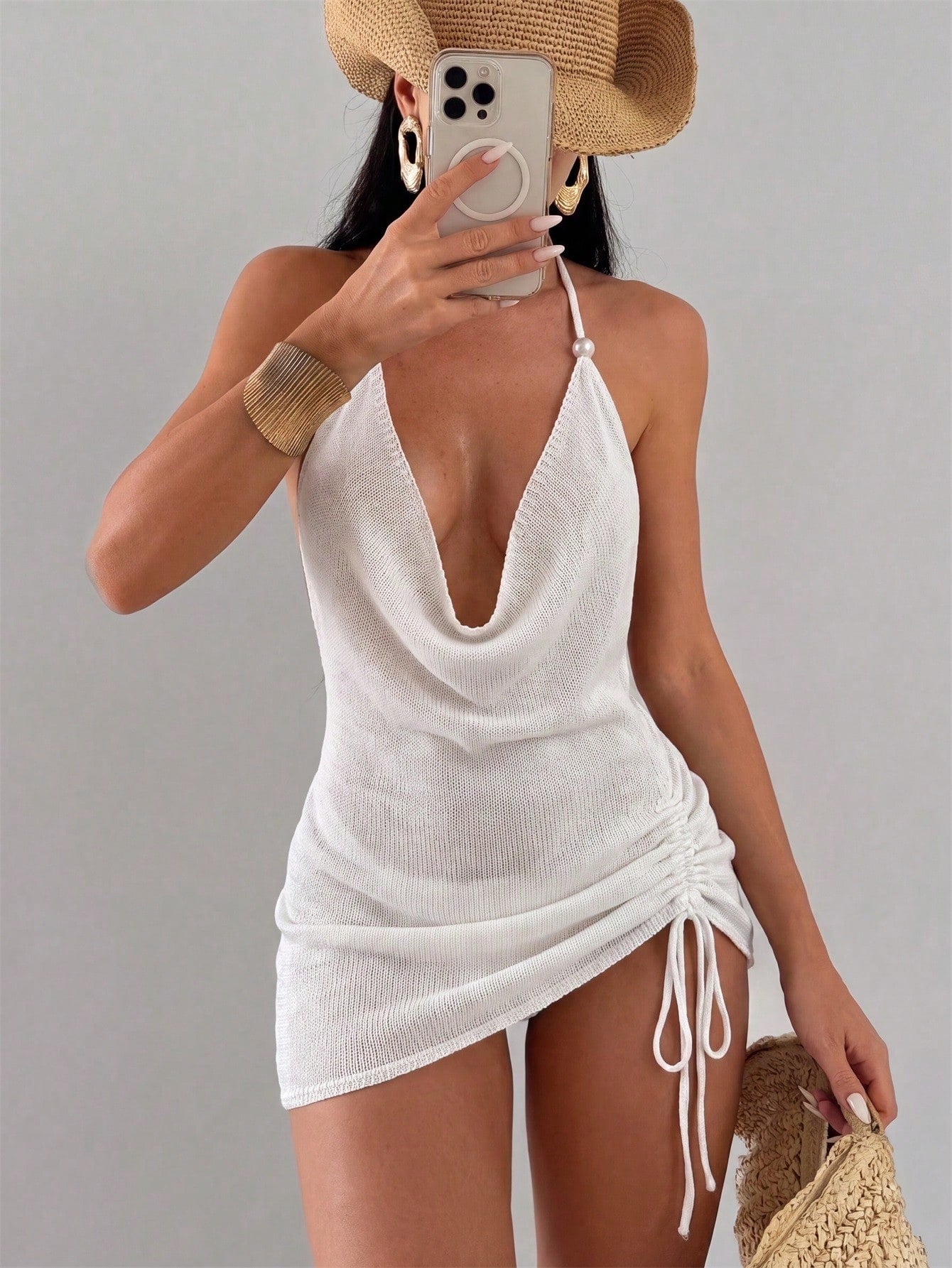 Swim SXY White Knitted Halter Neck Tie-Up Pearl Embellished Sexy Backless Waist Cut-Out Tie-Up Vacation Women's Cover-Up Dress