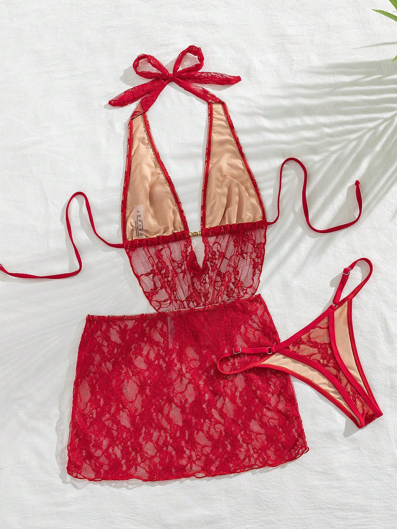 Swim SXY Women Red Summer Elegant Flowy Beach Holiday 3-Piece Bikini Set With Lace Mini Skirt Cover Up,Beaded Halter Backless Top&Ruched Bottom Swimwear