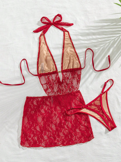 Swim SXY Women Red Summer Elegant Flowy Beach Holiday 3-Piece Bikini Set With Lace Mini Skirt Cover Up,Beaded Halter Backless Top&Ruched Bottom Swimwear