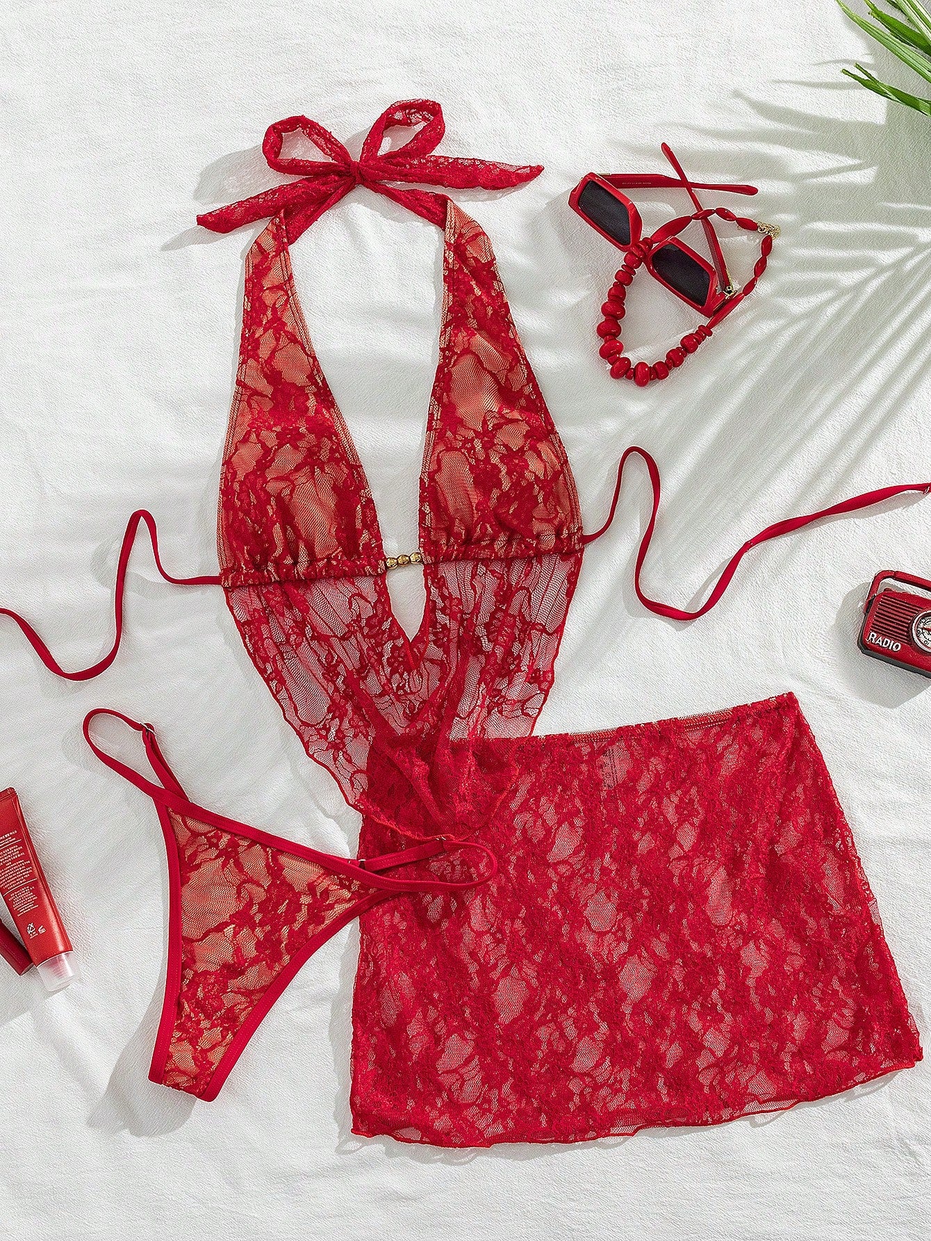 Swim SXY Women Red Summer Elegant Flowy Beach Holiday 3-Piece Bikini Set With Lace Mini Skirt Cover Up,Beaded Halter Backless Top&Ruched Bottom Swimwear