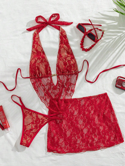 Swim SXY Women Red Summer Elegant Flowy Beach Holiday 3-Piece Bikini Set With Lace Mini Skirt Cover Up,Beaded Halter Backless Top&Ruched Bottom Swimwear
