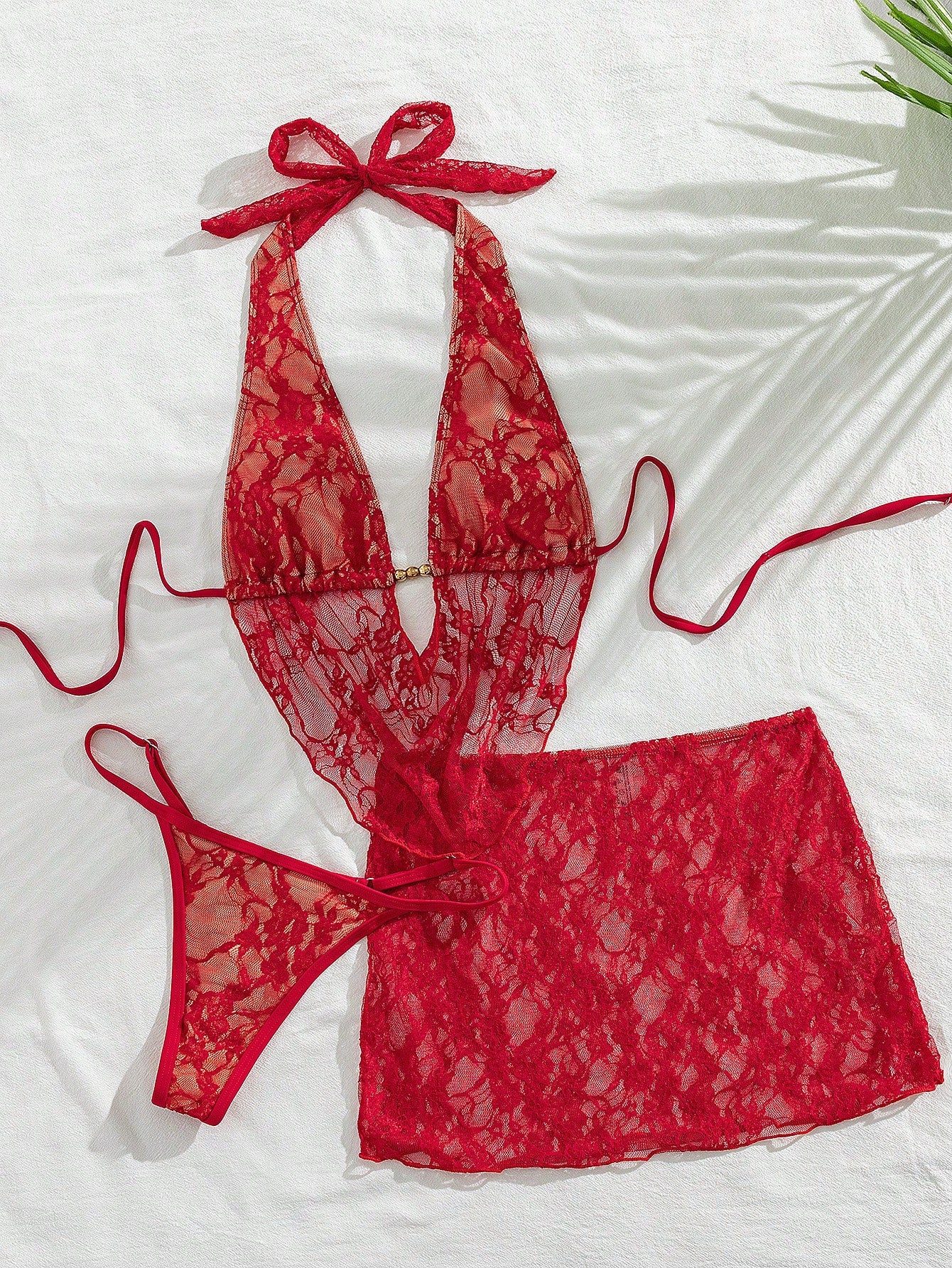 Swim SXY Women Red Summer Elegant Flowy Beach Holiday 3-Piece Bikini Set With Lace Mini Skirt Cover Up,Beaded Halter Backless Top&Ruched Bottom Swimwear