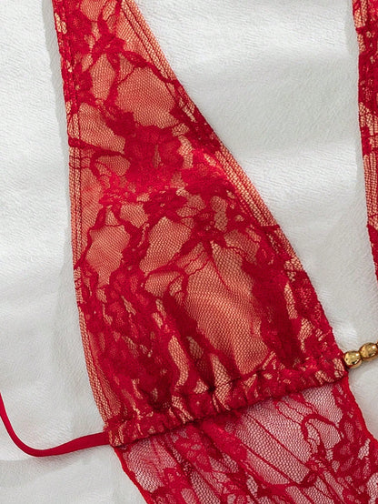 Swim SXY Women Red Summer Elegant Flowy Beach Holiday 3-Piece Bikini Set With Lace Mini Skirt Cover Up,Beaded Halter Backless Top&Ruched Bottom Swimwear
