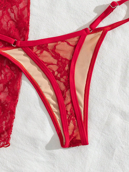 Swim SXY Women Red Summer Elegant Flowy Beach Holiday 3-Piece Bikini Set With Lace Mini Skirt Cover Up,Beaded Halter Backless Top&Ruched Bottom Swimwear