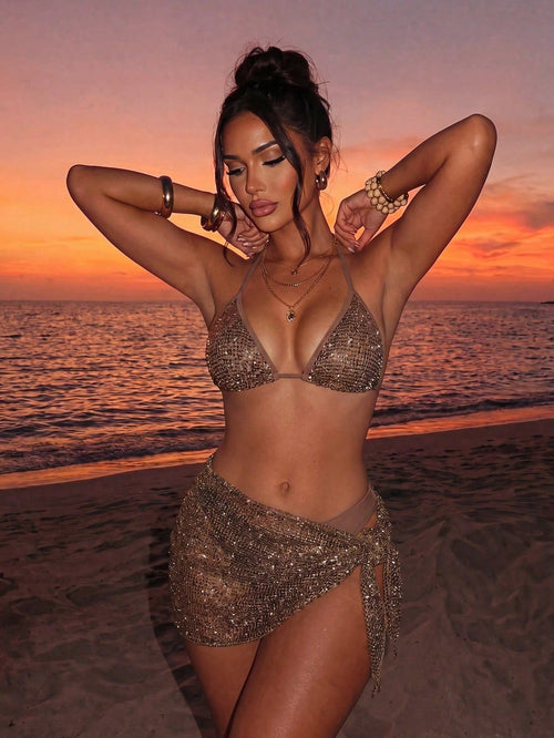 Swim SXY Women's 3-Piece Sequin Bikini Set With Cover Up,Glitter Net Fabric Swimwear For Summer,Casual,Beach,Holiday,Vacation,Holiday,Champagne Rave Outfits