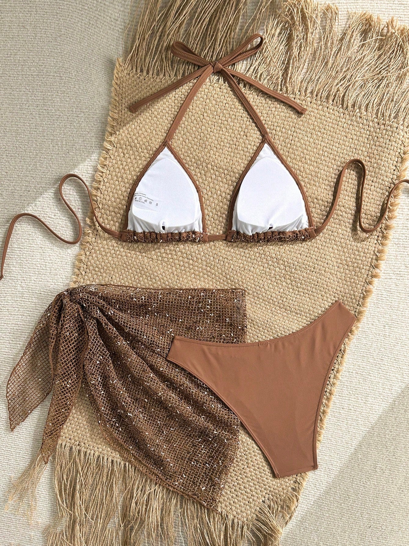 Swim SXY Women's 3-Piece Sequin Bikini Set With Cover Up,Glitter Net Fabric Swimwear For Summer,Casual,Beach,Holiday,Vacation,Holiday,Champagne Rave Outfits