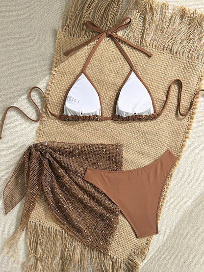 Swim SXY Women's 3-Piece Sequin Bikini Set With Cover Up,Glitter Net Fabric Swimwear For Summer,Casual,Beach,Holiday,Vacation,Holiday,Champagne Rave Outfits