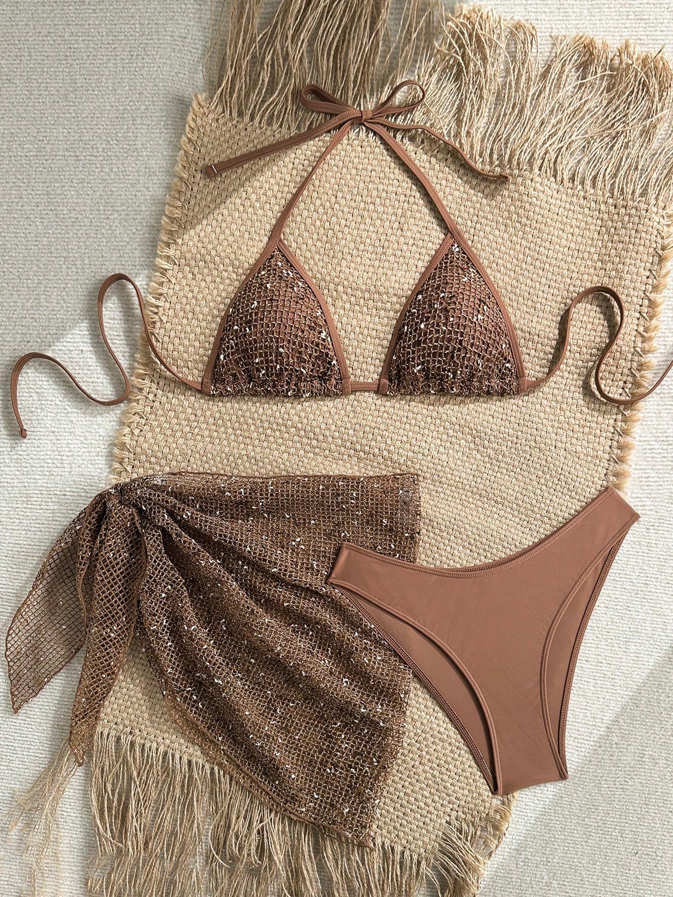 Swim SXY Women's 3-Piece Sequin Bikini Set With Cover Up,Glitter Net Fabric Swimwear For Summer,Casual,Beach,Holiday,Vacation,Holiday,Champagne Rave Outfits
