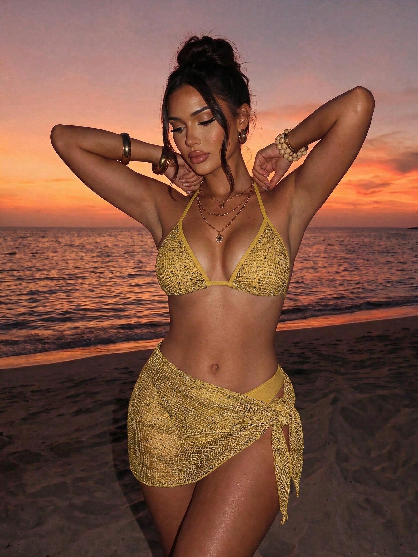 Swim SXY Women's 3-Piece Sequin Bikini Set With Cover Up,Glitter Net Fabric Swimwear For Summer,Casual,Beach,Holiday,Vacation,Holiday,Champagne Rave Outfits