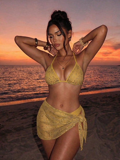 Swim SXY Women's 3-Piece Sequin Bikini Set With Cover Up,Glitter Net Fabric Swimwear For Summer,Casual,Beach,Holiday,Vacation,Holiday,Champagne Rave Outfits