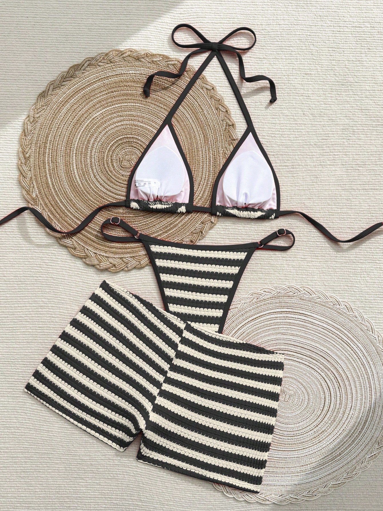 Swim SXY Women's Bow Decor Striped Special Fabric Triangle Cup Lace-Up Halter Bikini Bottoms 3-Piece Separates Swimsuit Set