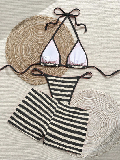 Swim SXY Women's Bow Decor Striped Special Fabric Triangle Cup Lace-Up Halter Bikini Bottoms 3-Piece Separates Swimsuit Set