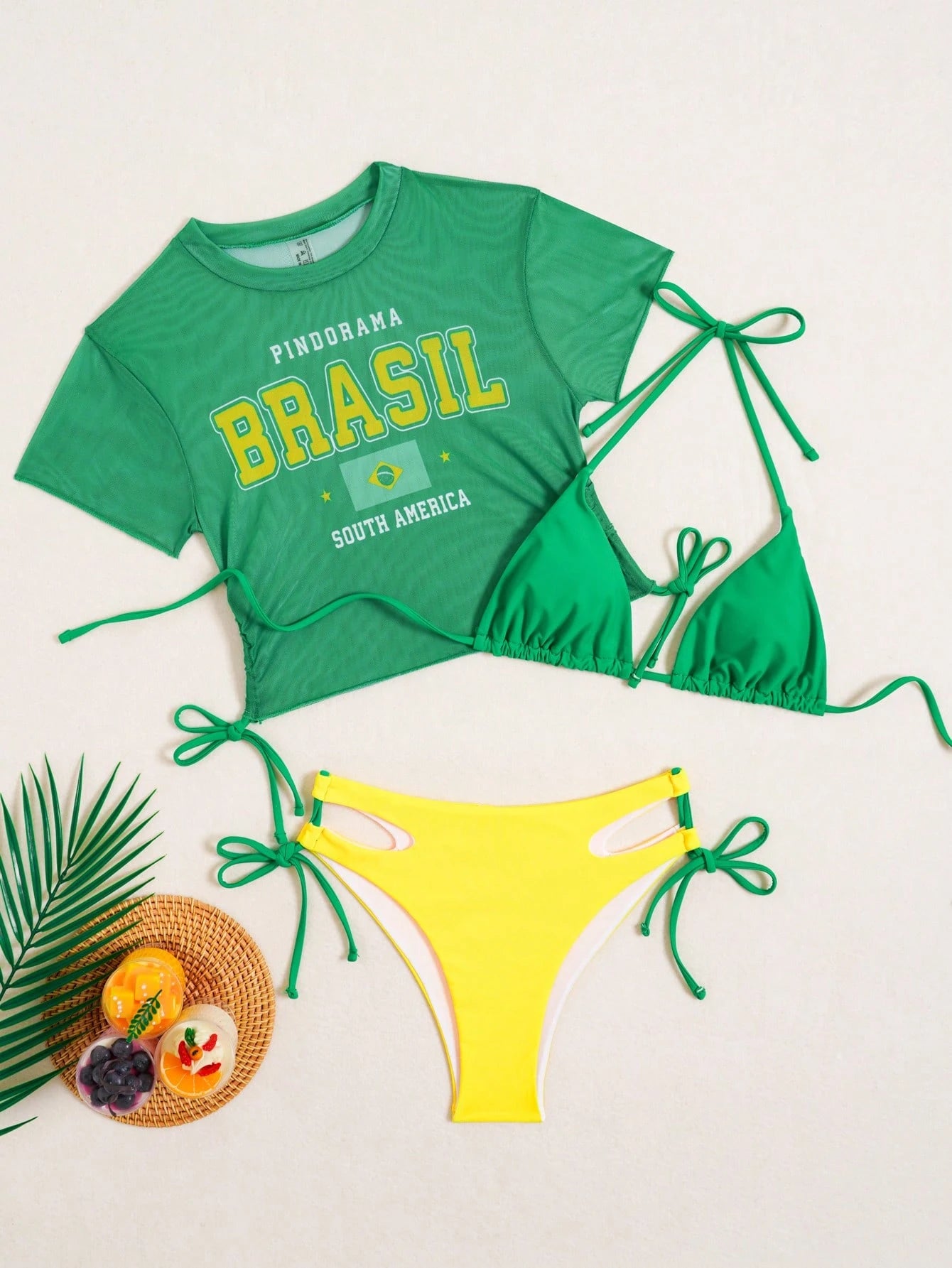 Swim SXY Women's Green Sports Style Tankini Swimsuit Top With Hollow Shorts & Brazilian Flag Mesh Cover-Up 3-Piece Set,Summer Gay Beach Holiday Holiday