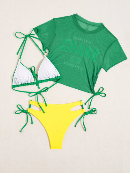 Swim SXY Women's Green Sports Style Tankini Swimsuit Top With Hollow Shorts & Brazilian Flag Mesh Cover-Up 3-Piece Set,Summer Gay Beach Holiday Holiday