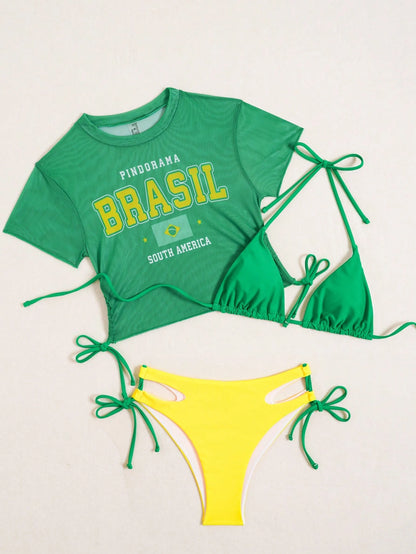 Swim SXY Women's Green Sports Style Tankini Swimsuit Top With Hollow Shorts & Brazilian Flag Mesh Cover-Up 3-Piece Set,Summer Gay Beach Holiday Holiday