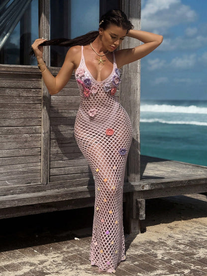 Swim SXY Women's Handmade Crochet Floral Decorative Sheer Mermaid Hem Beach Cover Up Dress, Elegant & Sexy, Pink For Summer Beach Vacation