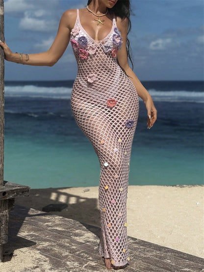 Swim SXY Women's Handmade Crochet Floral Decorative Sheer Mermaid Hem Beach Cover Up Dress, Elegant & Sexy, Pink For Summer Beach Vacation