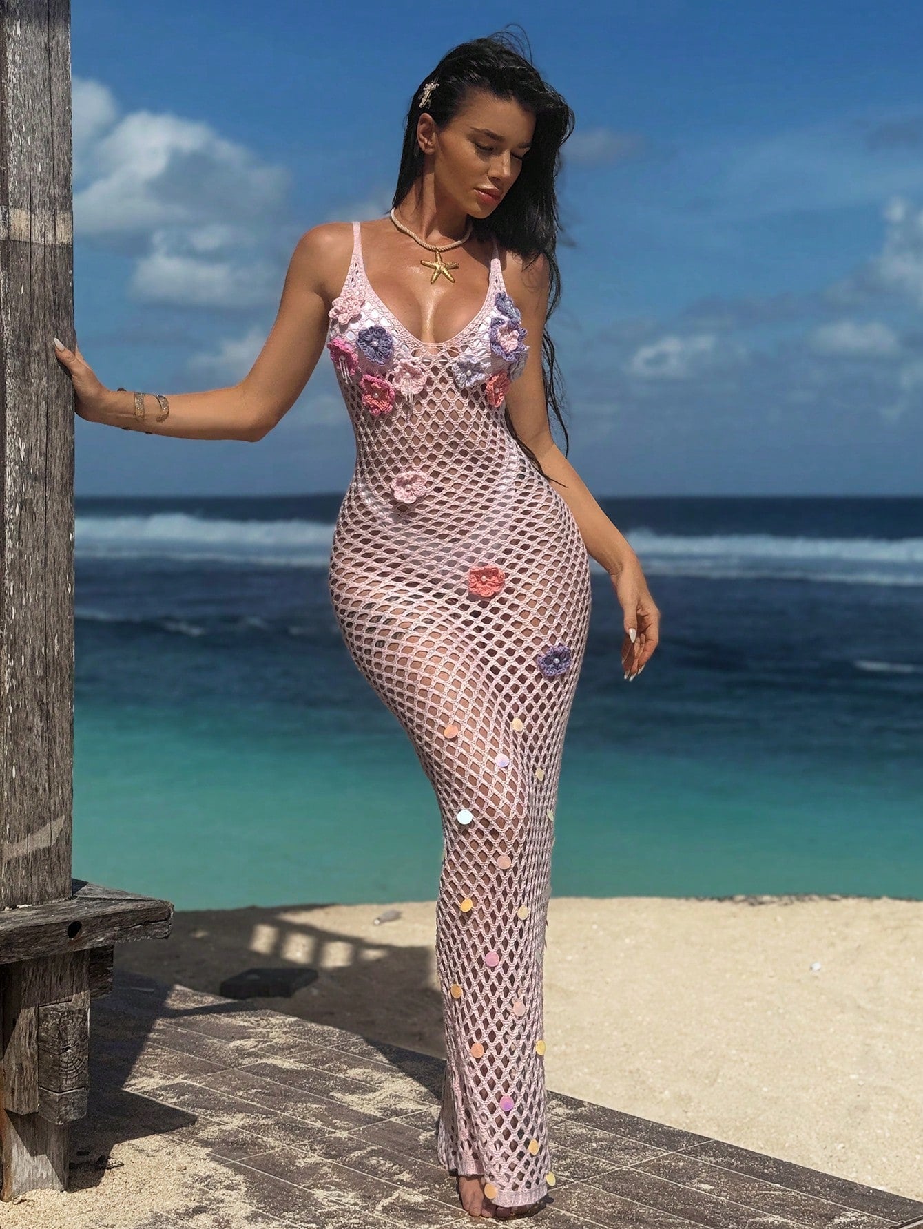 Swim SXY Women's Handmade Crochet Floral Decorative Sheer Mermaid Hem Beach Cover Up Dress, Elegant & Sexy, Pink For Summer Beach Vacation