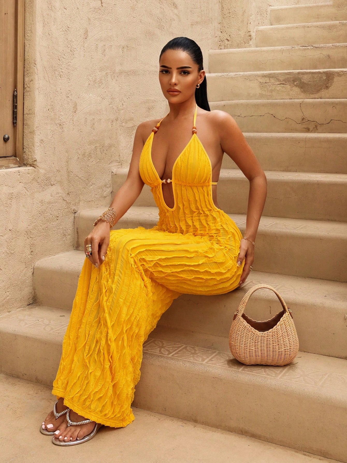 Swim SXY Women's New Summer Yellow Sexy Deep VU Neck Long Bag Yellow Fringe Fabric Dress, Amber Beaded Decorative Design, Suitable For Beach Vacation