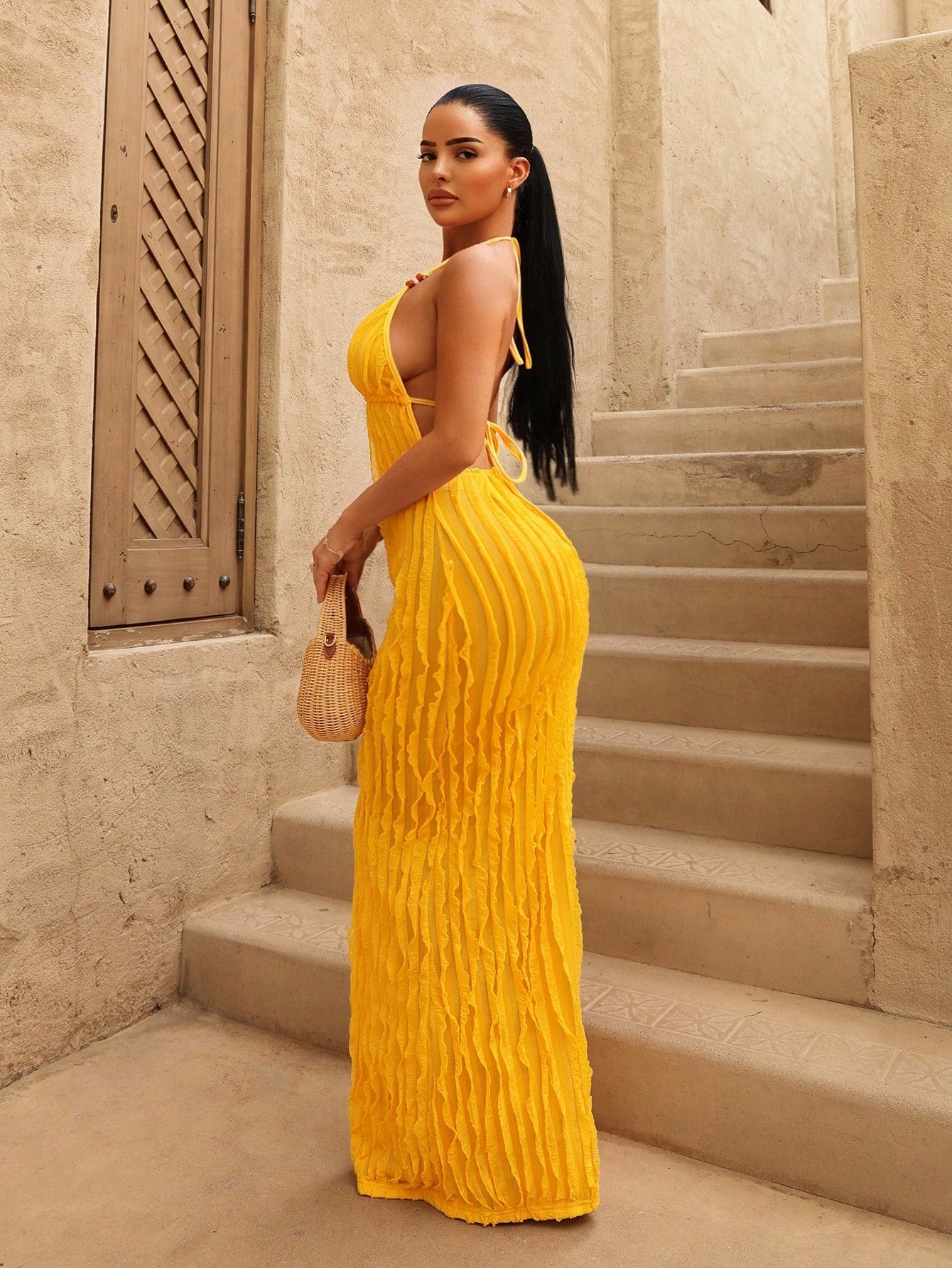 Swim SXY Women's New Summer Yellow Sexy Deep VU Neck Long Bag Yellow Fringe Fabric Dress, Amber Beaded Decorative Design, Suitable For Beach Vacation