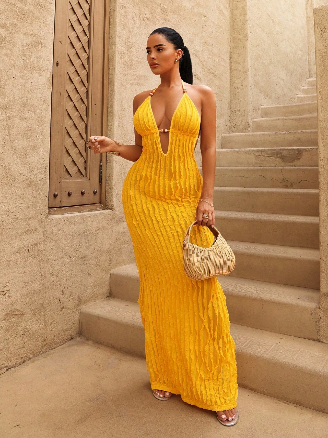 Swim SXY Women's New Summer Yellow Sexy Deep VU Neck Long Bag Yellow Fringe Fabric Dress, Amber Beaded Decorative Design, Suitable For Beach Vacation