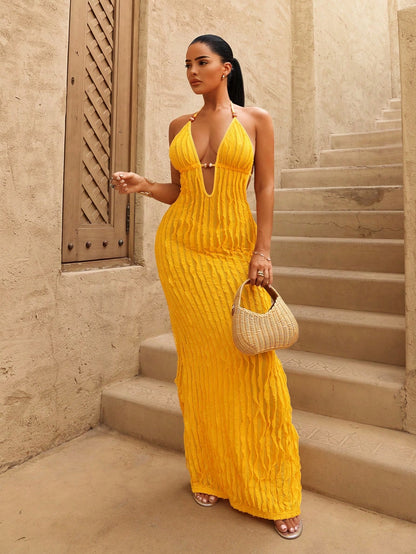 Swim SXY Women's New Summer Yellow Sexy Deep VU Neck Long Bag Yellow Fringe Fabric Dress, Amber Beaded Decorative Design, Suitable For Beach Vacation