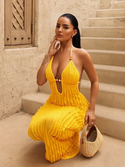 Swim SXY Women's New Summer Yellow Sexy Deep VU Neck Long Bag Yellow Fringe Fabric Dress, Amber Beaded Decorative Design, Suitable For Beach Vacation